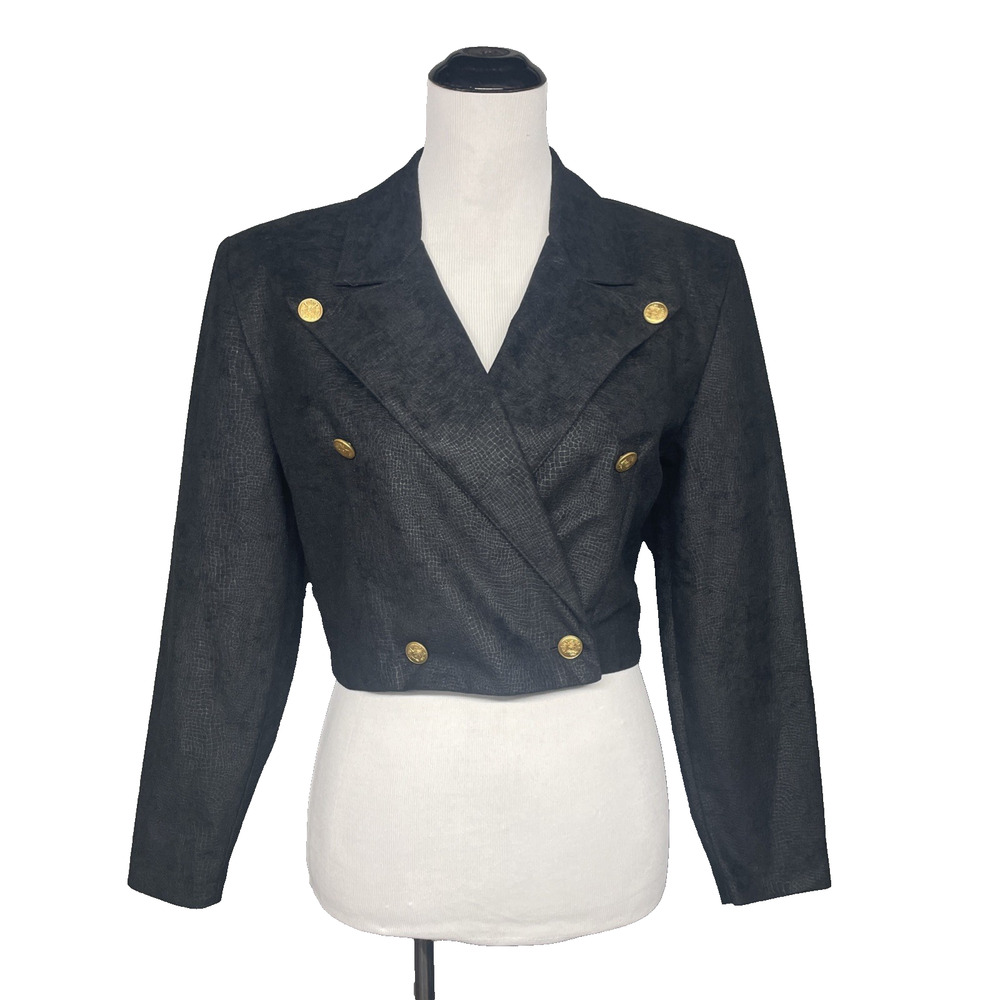 90s A Byer California Cropped Blazer Dbl Breasted Blk Textured Gold Buttons SM